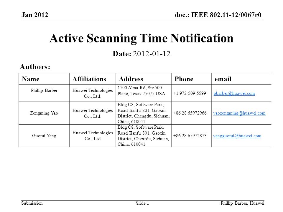 doc.: IEEE /0067r0 Submission Jan 2012 Phillip Barber, HuaweiSlide 1 Active Scanning Time Notification Date: Authors: NameAffiliationsAddressPhone Phillip BarberHuawei Technologies Co., Ltd.