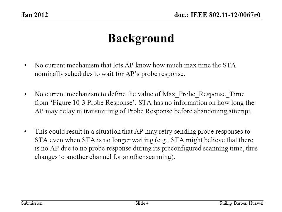 doc.: IEEE /0067r0 Submission Jan 2012 Phillip Barber, HuaweiSlide 4 Background No current mechanism that lets AP know how much max time the STA nominally schedules to wait for AP’s probe response.