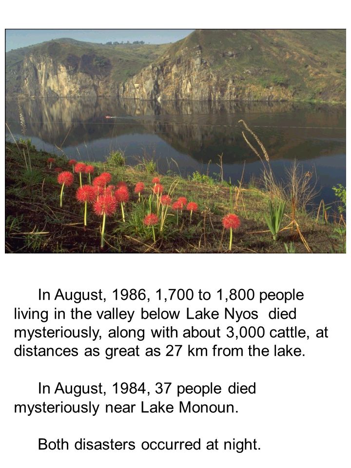 In August, 1986, 1,700 to 1,800 people living in the valley below Lake Nyos died mysteriously, along with about 3,000 cattle, at distances as great as 27 km from the lake.