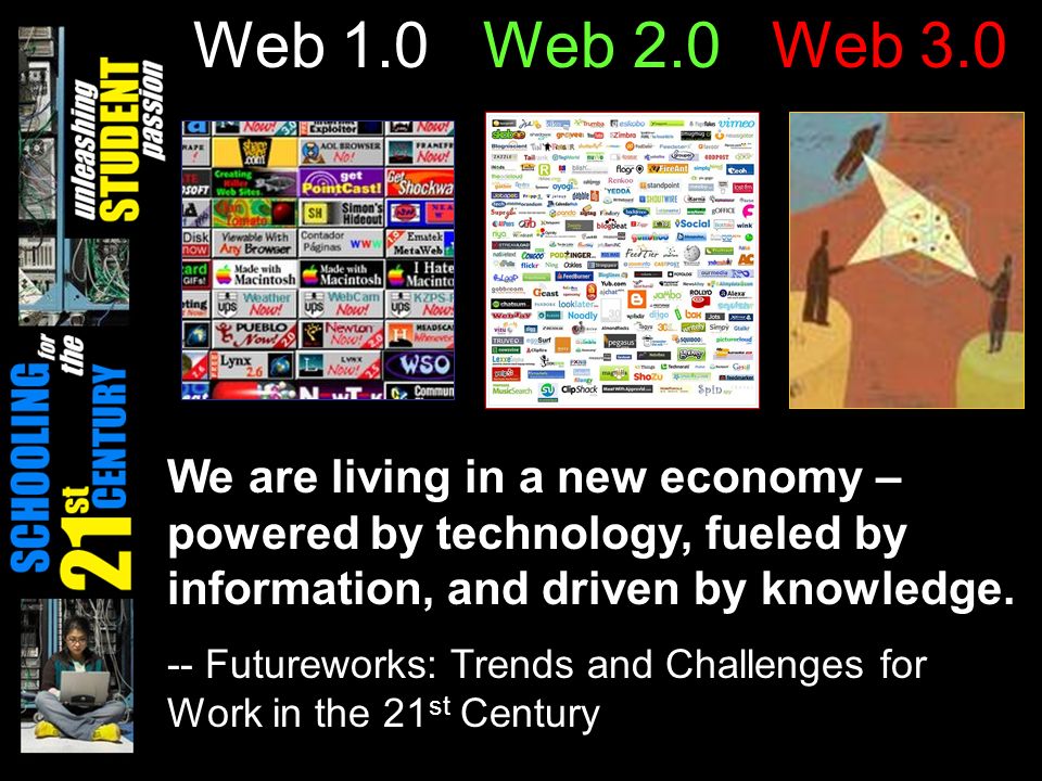 Web 1.0 Web 2.0 Web 3.0 We are living in a new economy – powered by technology, fueled by information, and driven by knowledge.