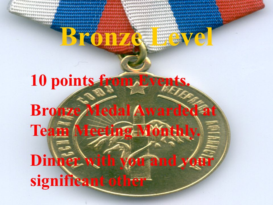 Bronze Level 10 points from Events. Bronze Medal Awarded at Team Meeting Monthly.