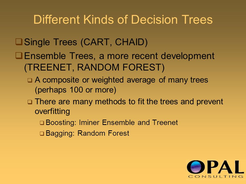 Different Kinds of Decision Trees  Single Trees (CART, CHAID)  Ensemble Trees, a more recent development (TREENET, RANDOM FOREST)  A composite or weighted average of many trees (perhaps 100 or more)  There are many methods to fit the trees and prevent overfitting  Boosting: Iminer Ensemble and Treenet  Bagging: Random Forest