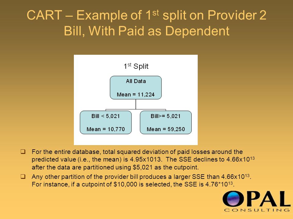 CART – Example of 1 st split on Provider 2 Bill, With Paid as Dependent  For the entire database, total squared deviation of paid losses around the predicted value (i.e., the mean) is 4.95x1013.