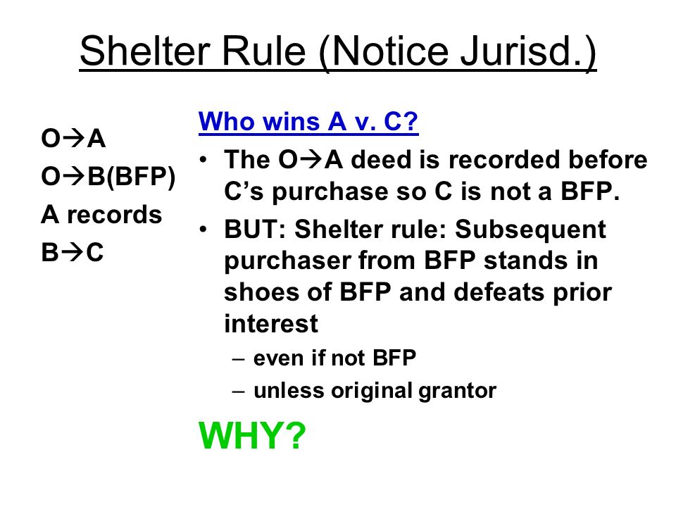 Shelter Rule (Notice Jurisd.) O  A O  B(BFP) A records B  C Who wins A v.