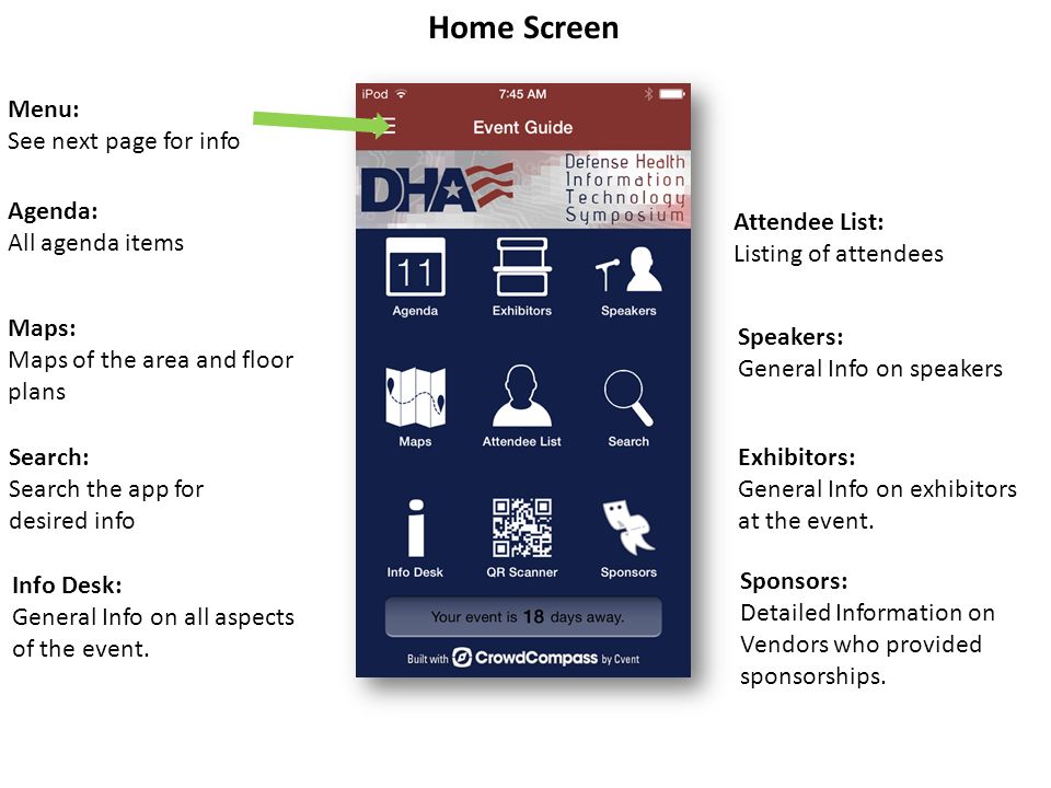 Home Screen Menu: See next page for info Agenda: All agenda items Maps: Maps of the area and floor plans Attendee List: Listing of attendees Search: Search the app for desired info Speakers: General Info on speakers Info Desk: General Info on all aspects of the event.