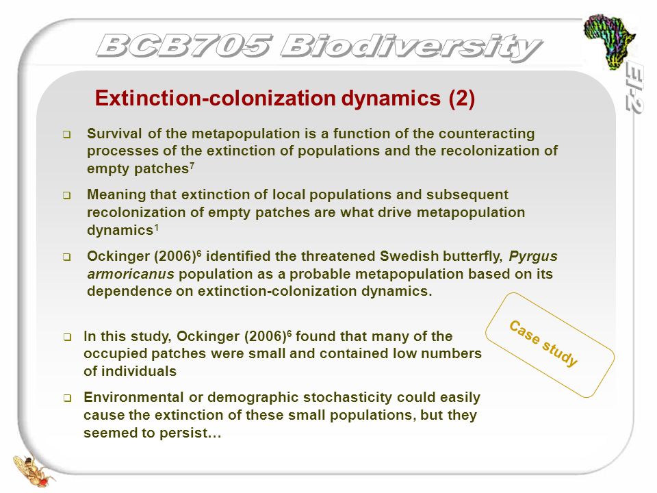 Extinction-colonization dynamics (2)  Survival of the metapopulation is a function of the counteracting processes of the extinction of populations and the recolonization of empty patches 7  Meaning that extinction of local populations and subsequent recolonization of empty patches are what drive metapopulation dynamics 1  Ockinger (2006) 6 identified the threatened Swedish butterfly, Pyrgus armoricanus population as a probable metapopulation based on its dependence on extinction-colonization dynamics.