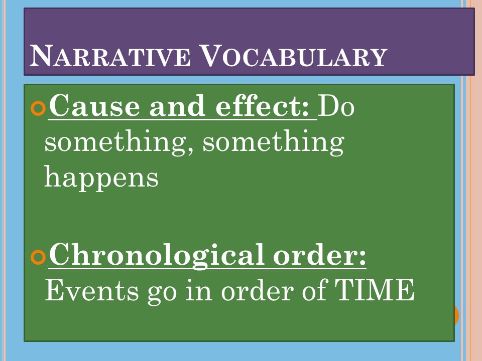 N ARRATIVE V OCABULARY Cause and effect: Do something, something happens Chronological order: Events go in order of TIME