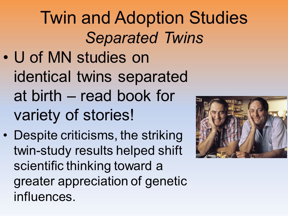 Twin and Adoption Studies Separated Twins U of MN studies on identical twins separated at birth – read book for variety of stories.