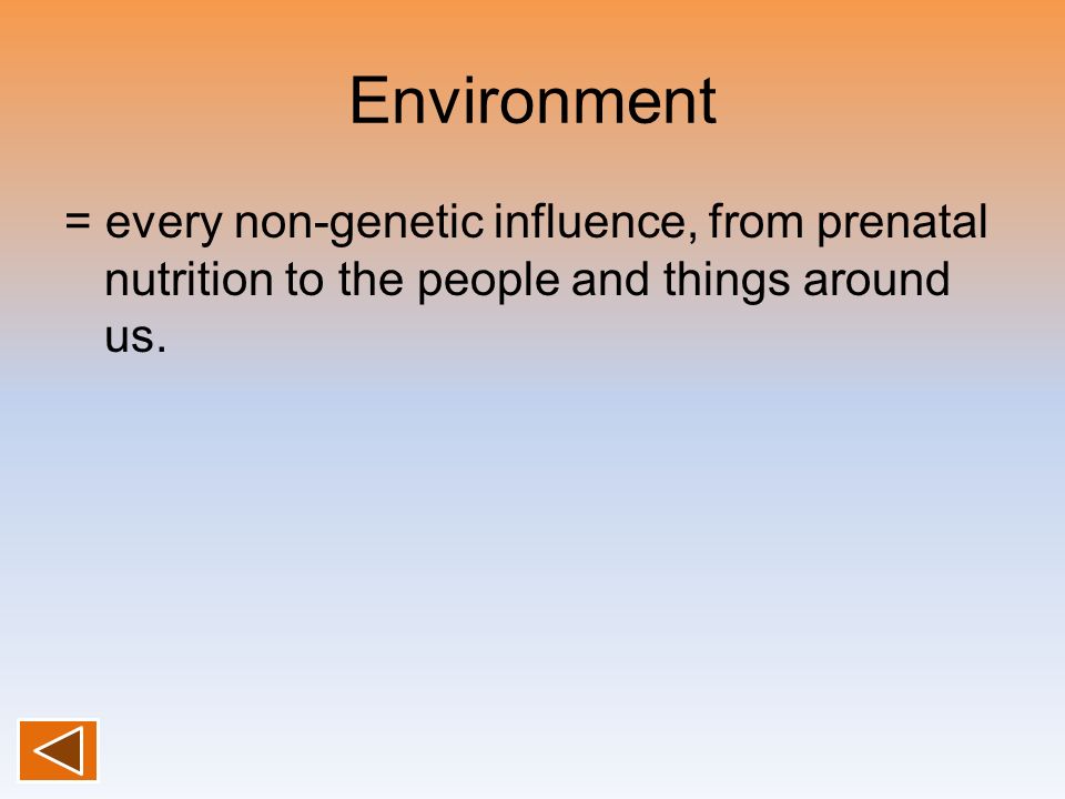 Environment = every non-genetic influence, from prenatal nutrition to the people and things around us.