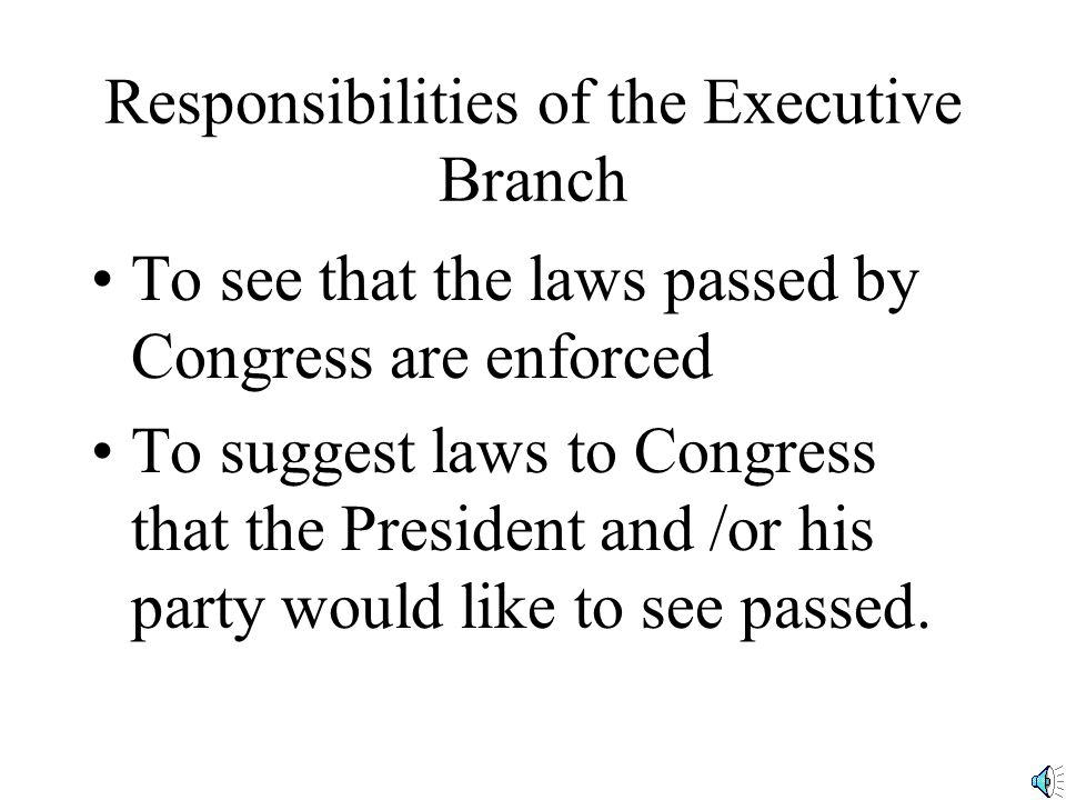 The Executive Branch is headed by the President. He lives in the White House, in Washington, D.C.