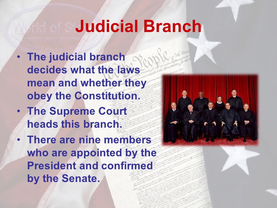 Judicial Branch The judicial branch decides what the laws mean and whether they obey the Constitution.