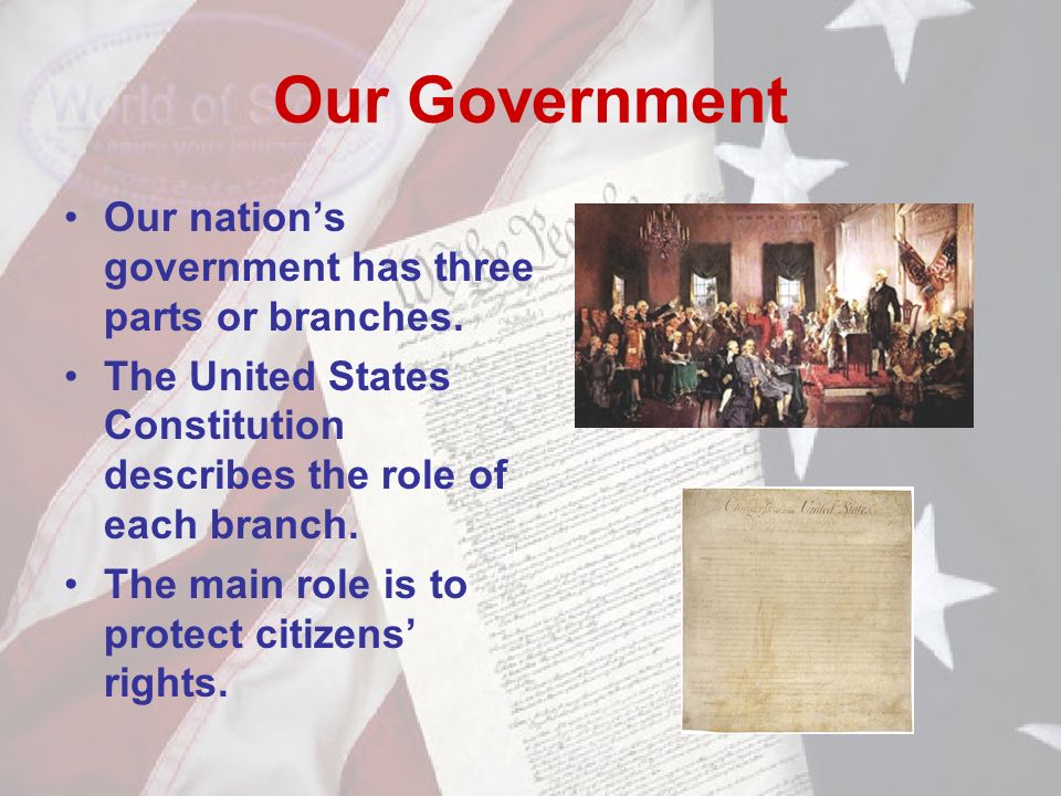 Our Government Our nation’s government has three parts or branches.