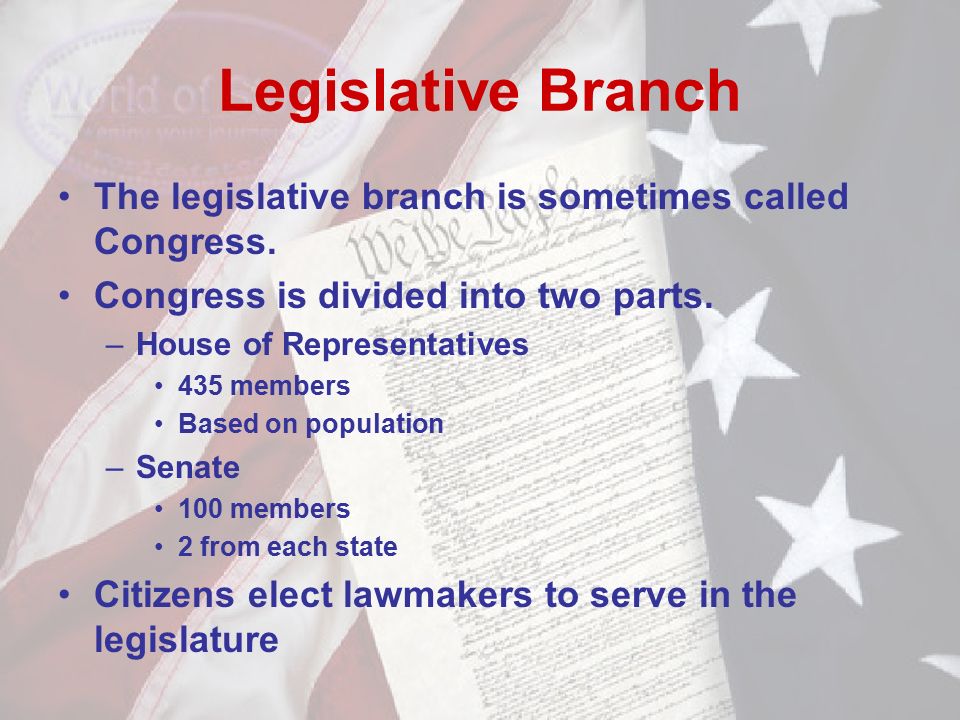 Legislative Branch The legislative branch is sometimes called Congress.