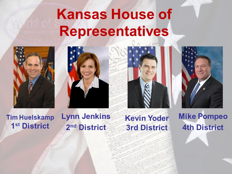 Kansas House of Representatives Lynn Jenkins 2 nd District Mike Pompeo 4th District Kevin Yoder 3rd District Tim Huelskamp 1 st District