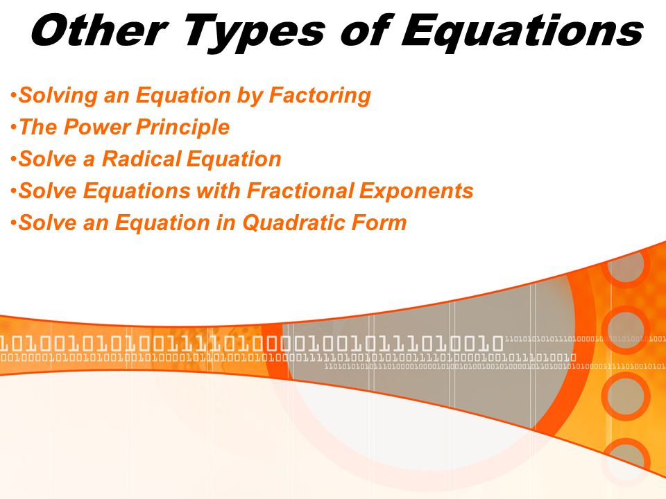 Other Types of Equations Solving an Equation by Factoring The Power Principle Solve a Radical Equation Solve Equations with Fractional Exponents Solve an Equation in Quadratic Form