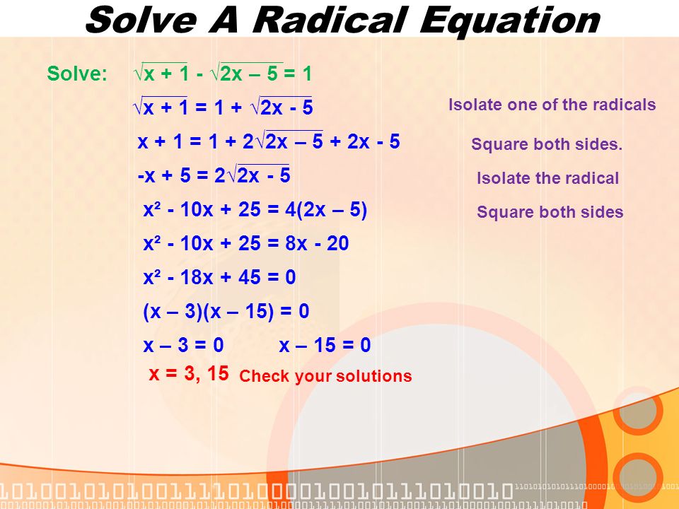 Solve A Radical Equation Solve: √x √2x – 5 = 1 Isolate one of the radicals √x + 1 = 1 + √2x - 5 Square both sides.