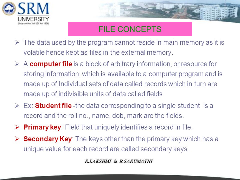  The data used by the program cannot reside in main memory as it is volatile hence kept as files in the external memory.