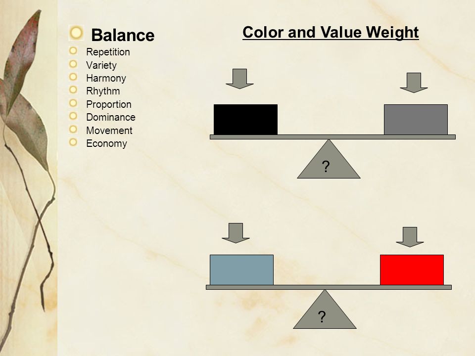 Balance Repetition Variety Harmony Rhythm Proportion Dominance Movement Economy Visual Gravity Symbolic Weight Psychological Weight Knowledge of the object influences how we judge the balance on the picture Color and Value Weight