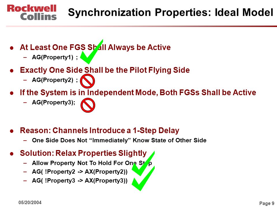 Page 9 05/20/2004 Synchronization Properties: Ideal Model l At Least One FGS Shall Always be Active –AG(Property1) ; l Exactly One Side Shall be the Pilot Flying Side –AG(Property2) ; l If the System is in Independent Mode, Both FGSs Shall be Active –AG(Property3); l Reason: Channels Introduce a 1-Step Delay –One Side Does Not Immediately Know State of Other Side l Solution: Relax Properties Slightly –Allow Property Not To Hold For One Step –AG( !Property2 -> AX(Property2)) –AG( !Property3 -> AX(Property3))