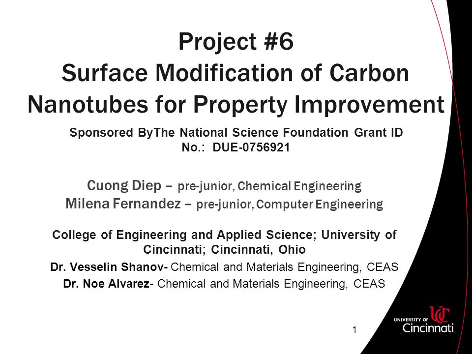 Project #6 Surface Modification of Carbon Nanotubes for Property Improvement Cuong Diep – pre-junior, Chemical Engineering Milena Fernandez – pre-junior, Computer Engineering College of Engineering and Applied Science; University of Cincinnati; Cincinnati, Ohio Dr.