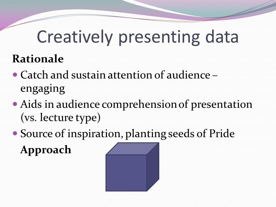Creatively presenting data Rationale Catch and sustain attention of audience – engaging Aids in audience comprehension of presentation (vs.