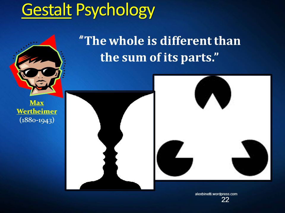 alexbinetti.wordpress.com Gestalt Psychology 22 Max Wertheimer ( ) The whole is different than the sum of its parts.