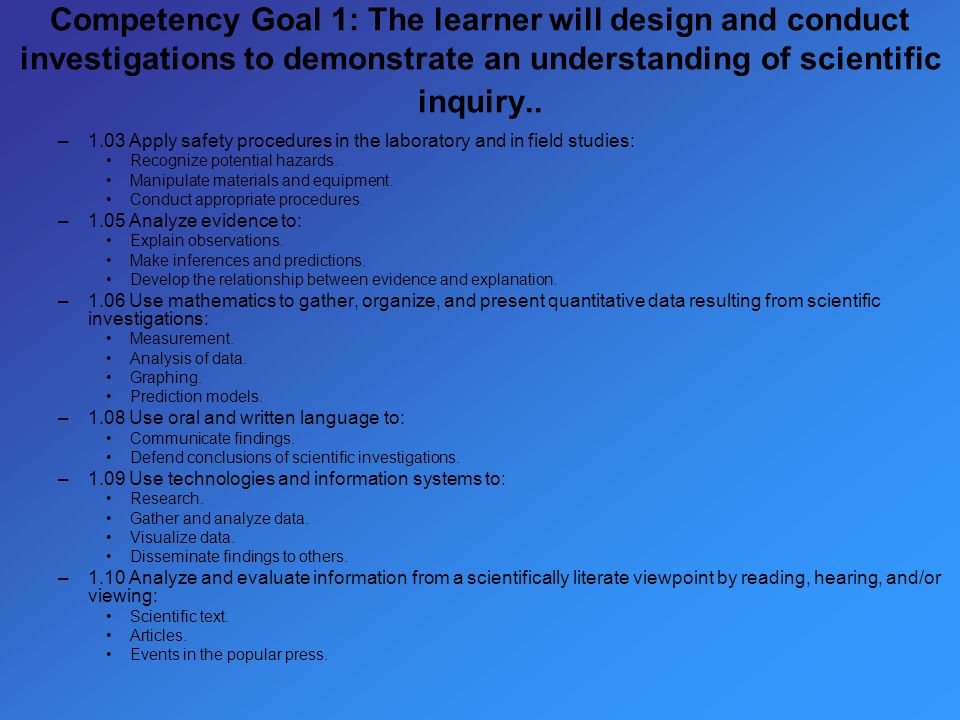 Competency Goal 1: The learner will design and conduct investigations to demonstrate an understanding of scientific inquiry..