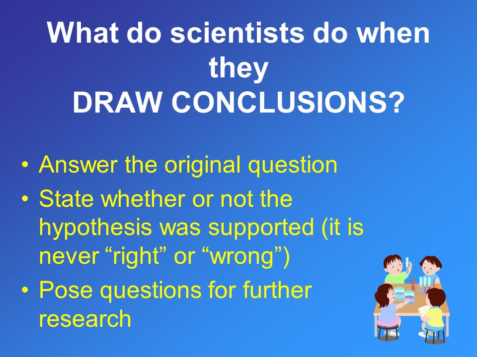 Answer the original question State whether or not the hypothesis was supported (it is never right or wrong ) Pose questions for further research