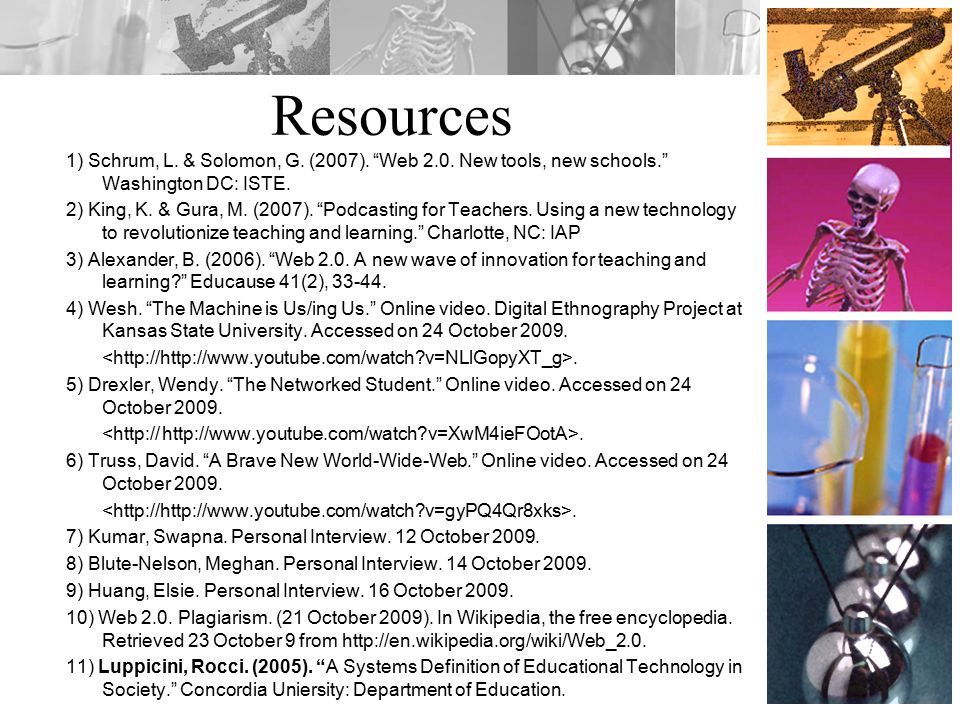 Resources 1) Schrum, L. & Solomon, G. (2007). Web 2.0.