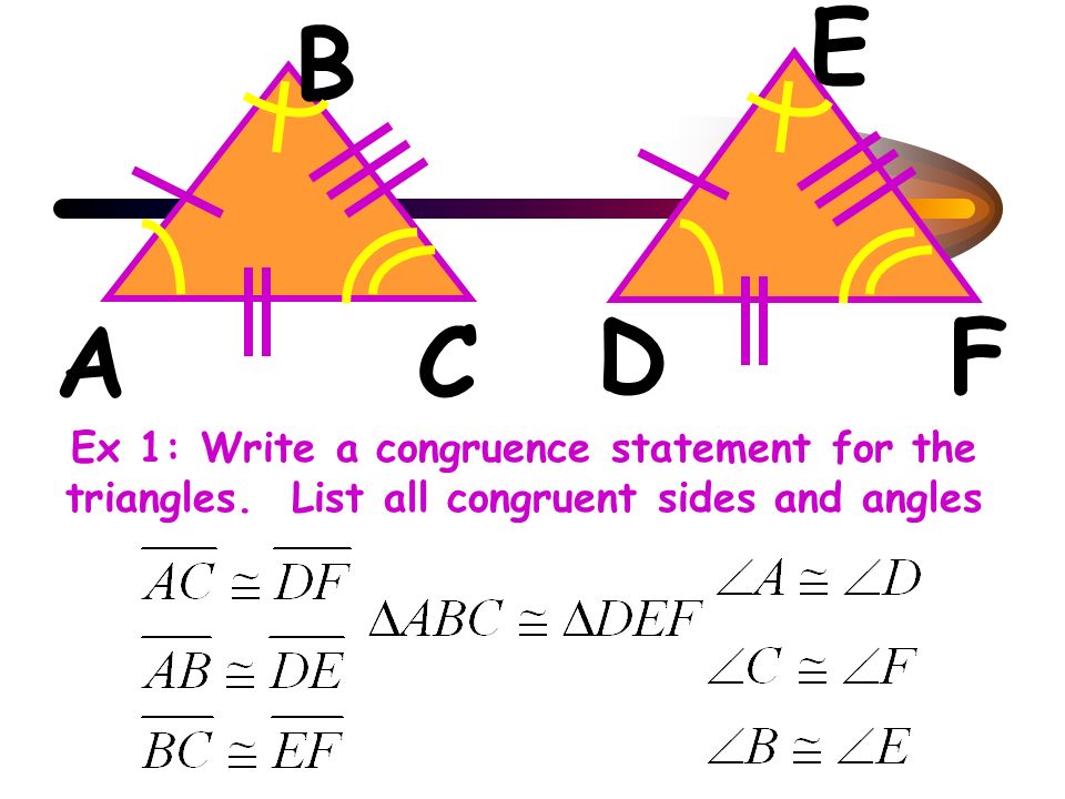 A B C D E F Ex 1: Write a congruence statement for the triangles.
