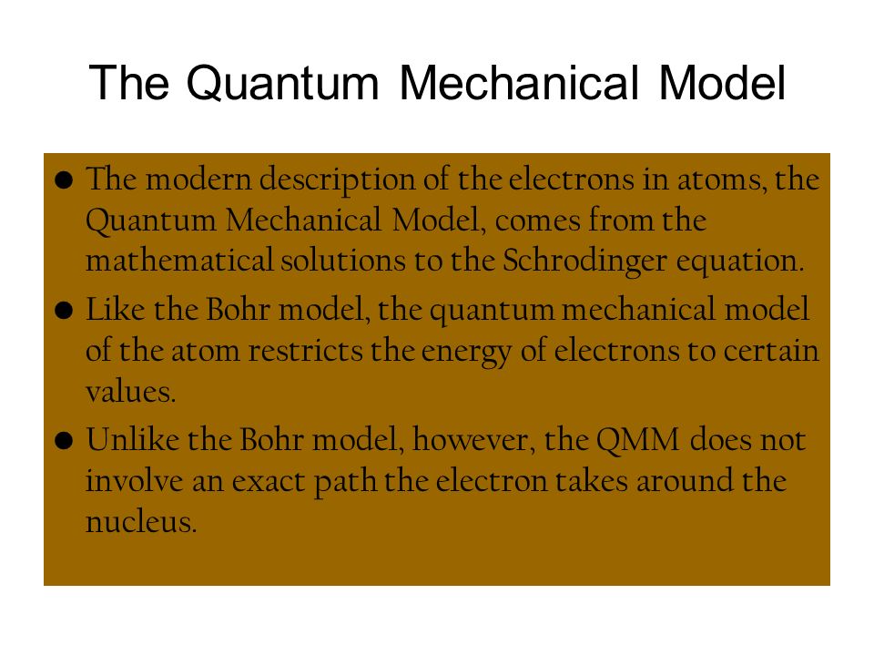 The Quantum Mechanical Model The modern description of the electrons in atoms, the Quantum Mechanical Model, comes from the mathematical solutions to the Schrodinger equation.