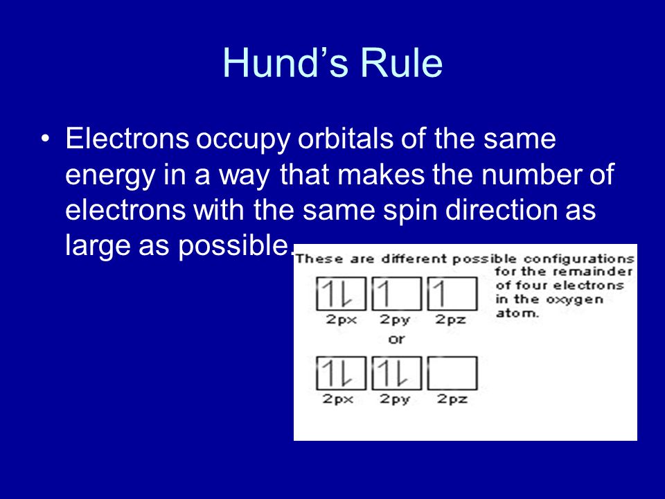 Hund’s Rule Electrons occupy orbitals of the same energy in a way that makes the number of electrons with the same spin direction as large as possible.