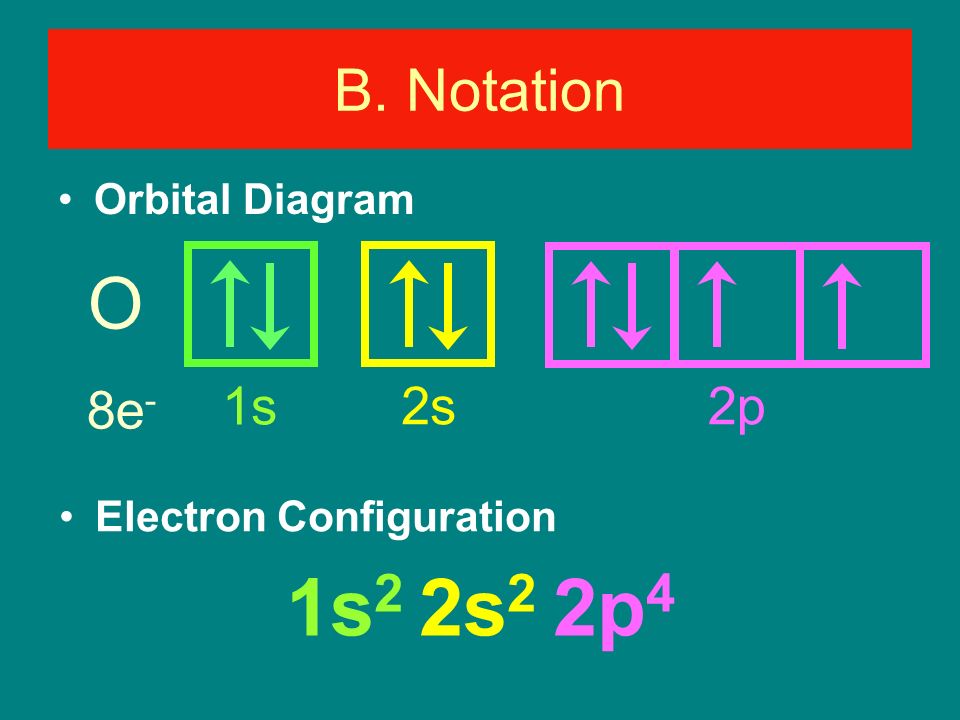 O 8e - Orbital Diagram Electron Configuration 1s 2 2s 2 2p 4 B. Notation 1s 2s 2p