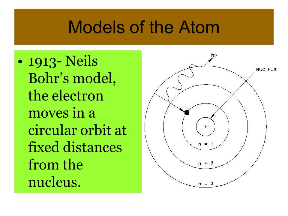 Models of the Atom Neils Bohr’s model, the electron moves in a circular orbit at fixed distances from the nucleus.