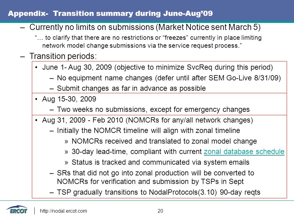 20 Appendix- Transition summary during June-Aug’09 –Currently no limits on submissions (Market Notice sent March 5) … to clarify that there are no restrictions or freezes currently in place limiting network model change submissions via the service request process. –Transition periods: June 1- Aug 30, 2009 (objective to minimize SvcReq during this period) –No equipment name changes (defer until after SEM Go-Live 8/31/09) –Submit changes as far in advance as possible Aug 15-30, 2009 –Two weeks no submissions, except for emergency changes Aug 31, Feb 2010 (NOMCRs for any/all network changes) –Initially the NOMCR timeline will align with zonal timeline »NOMCRs received and translated to zonal model change »30-day lead-time, compliant with current zonal database schedulezonal database schedule »Status is tracked and communicated via system  s –SRs that did not go into zonal production will be converted to NOMCRs for verification and submission by TSPs in Sept –TSP gradually transitions to NodalProtocols(3.10) 90-day reqts