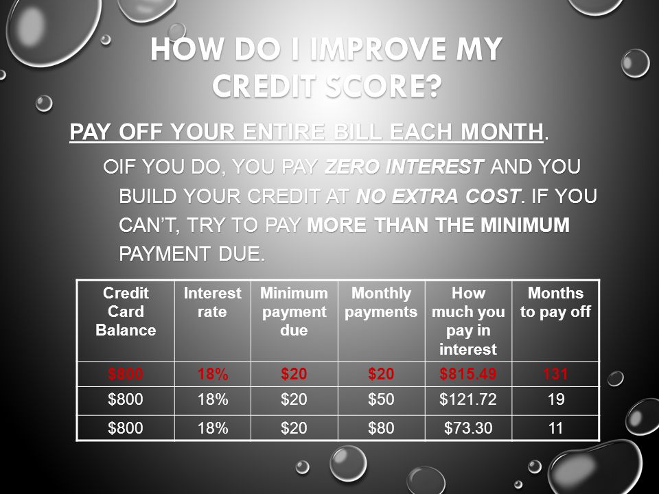 HOW DO I IMPROVE MY CREDIT SCORE. PAY OFF YOUR ENTIRE BILL EACH MONTH.