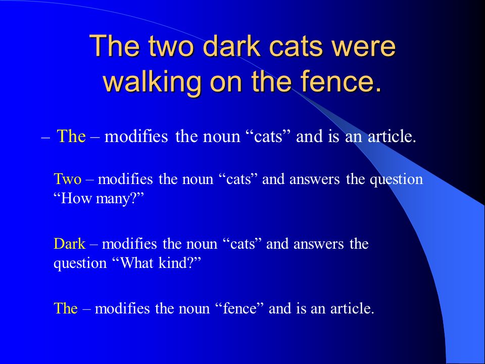 The two dark cats were walking on the fence. – The – modifies the noun cats and is an article.
