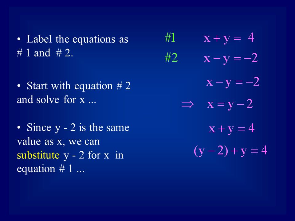 Label the equations as # 1 and # 2. Start with equation # 2 and solve for x...