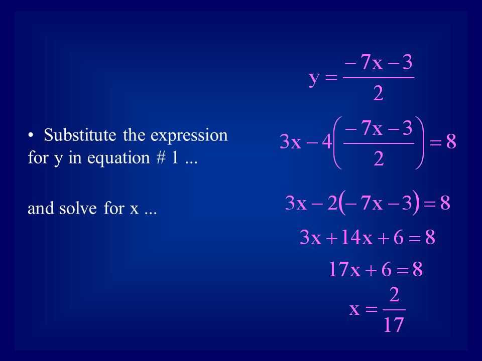 Substitute the expression for y in equation # 1... and solve for x...