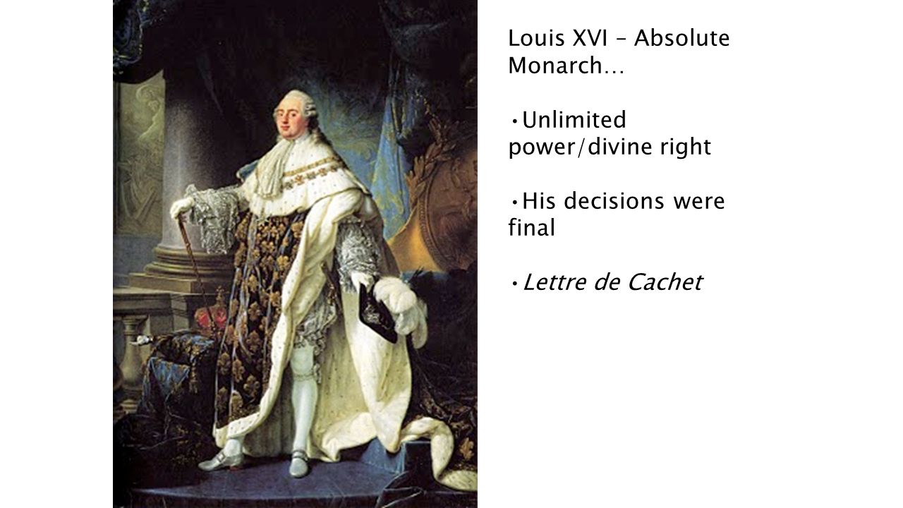 Louis XVI – Absolute Monarch… Unlimited power/divine right His decisions were final Lettre de Cachet