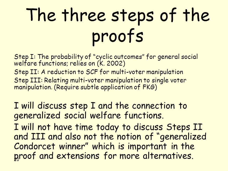 20 The three steps of the proofs Step I: The probability of cyclic outcomes for general social welfare functions; relies on (K.
