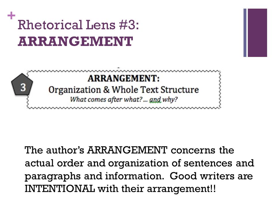 + Rhetorical Lens #3: ARRANGEMENT The author’s ARRANGEMENT concerns the actual order and organization of sentences and paragraphs and information.