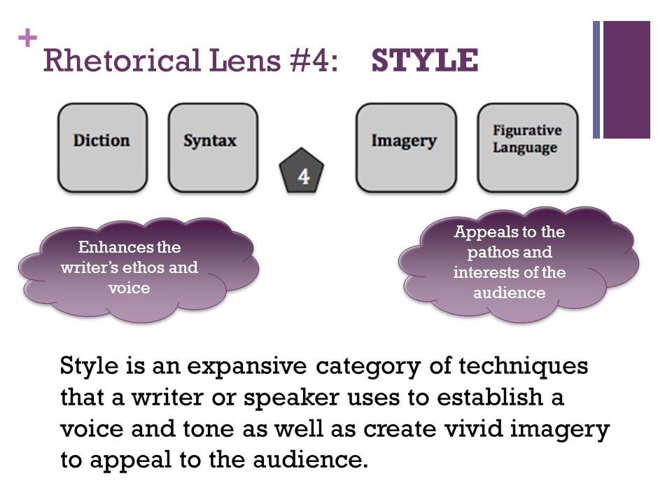 + Rhetorical Lens #4: STYLE Style is an expansive category of techniques that a writer or speaker uses to establish a voice and tone as well as create vivid imagery to appeal to the audience.