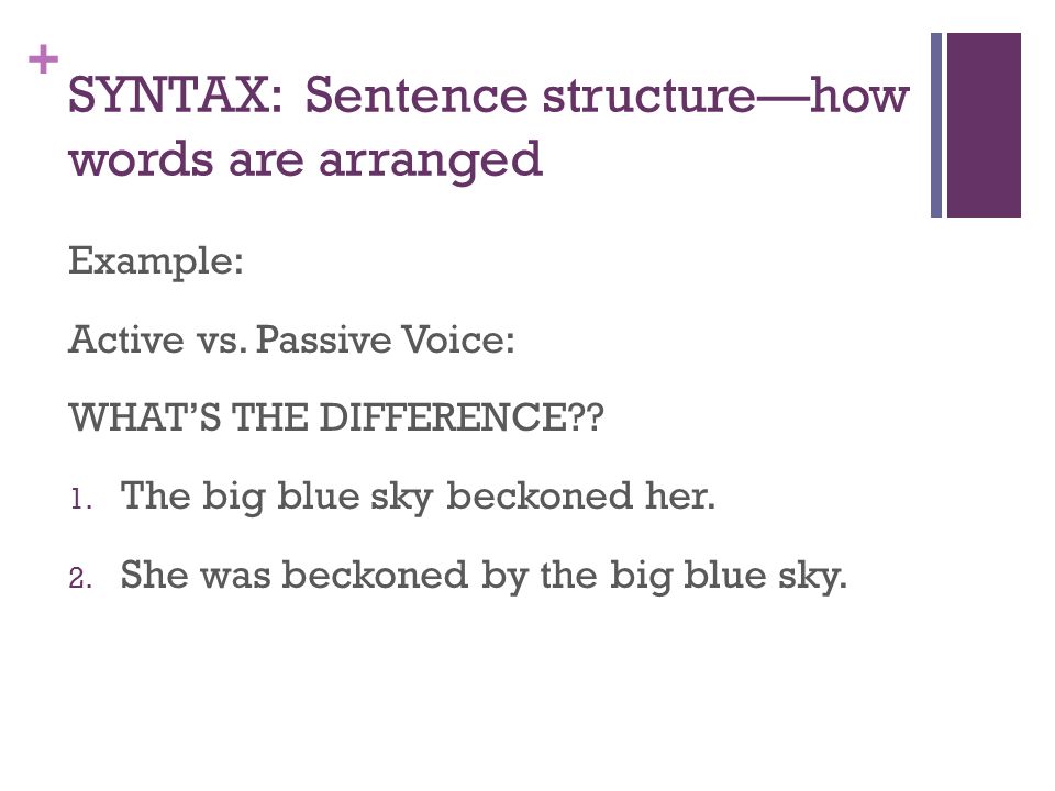 + SYNTAX: Sentence structure—how words are arranged Example: Active vs.