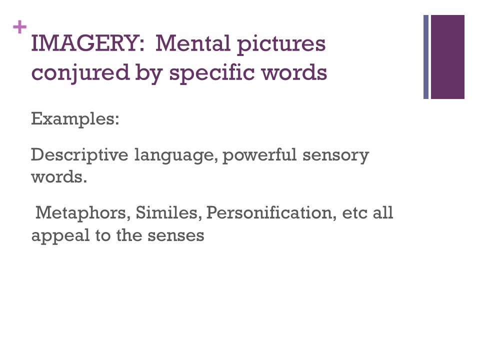 + IMAGERY: Mental pictures conjured by specific words Examples: Descriptive language, powerful sensory words.