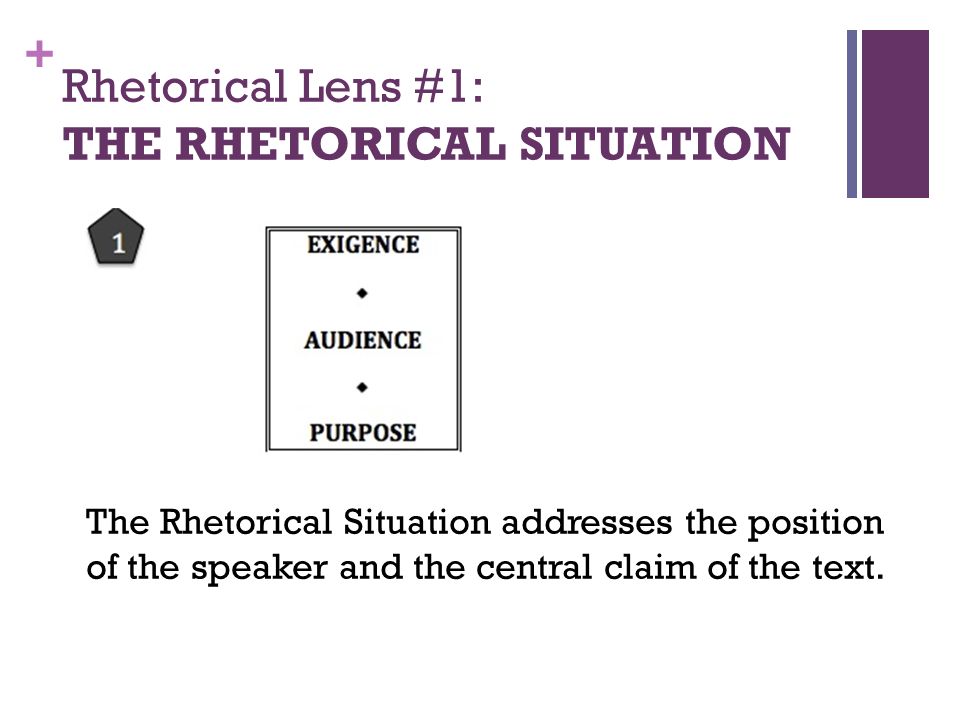 + Rhetorical Lens #1: THE RHETORICAL SITUATION The Rhetorical Situation addresses the position of the speaker and the central claim of the text.