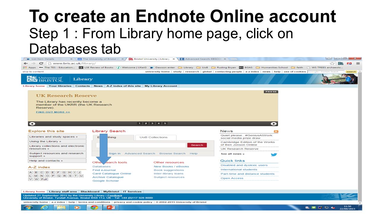To create an Endnote Online account Step 1 : From Library home page, click on Databases tab
