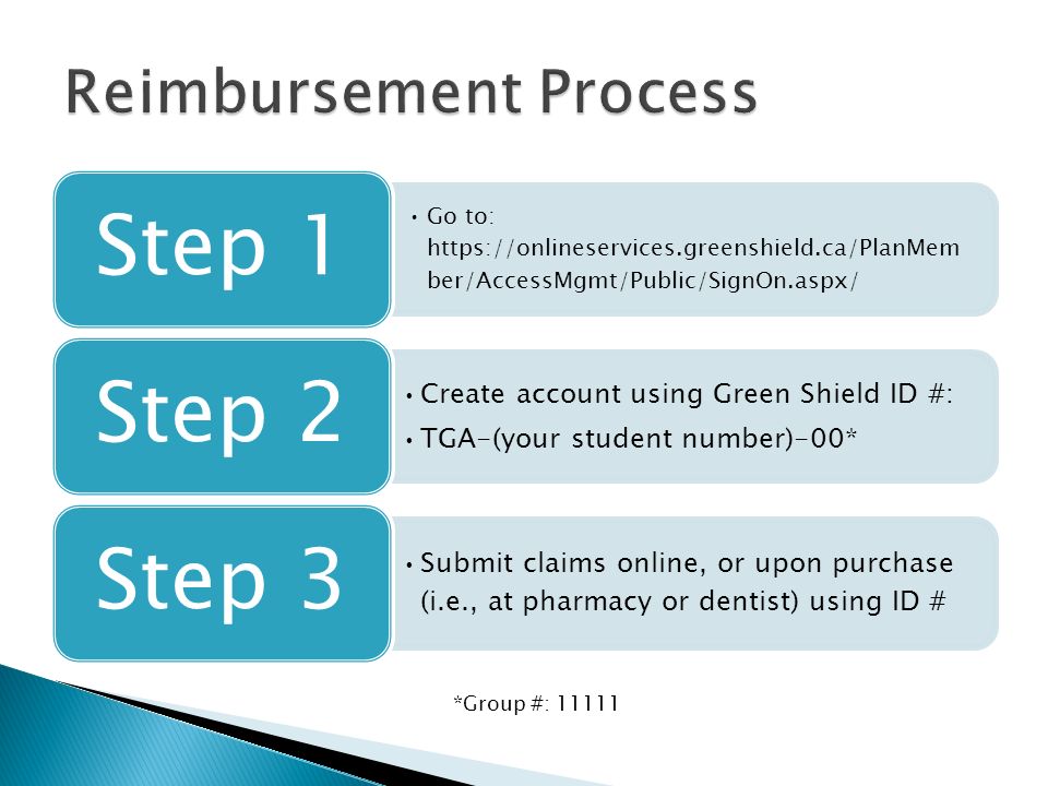 Go to:   ber/AccessMgmt/Public/SignOn.aspx/ Step 1 Create account using Green Shield ID #: TGA-(your student number)-00* Step 2 Submit claims online, or upon purchase (i.e., at pharmacy or dentist) using ID # Step 3 *Group #: 11111