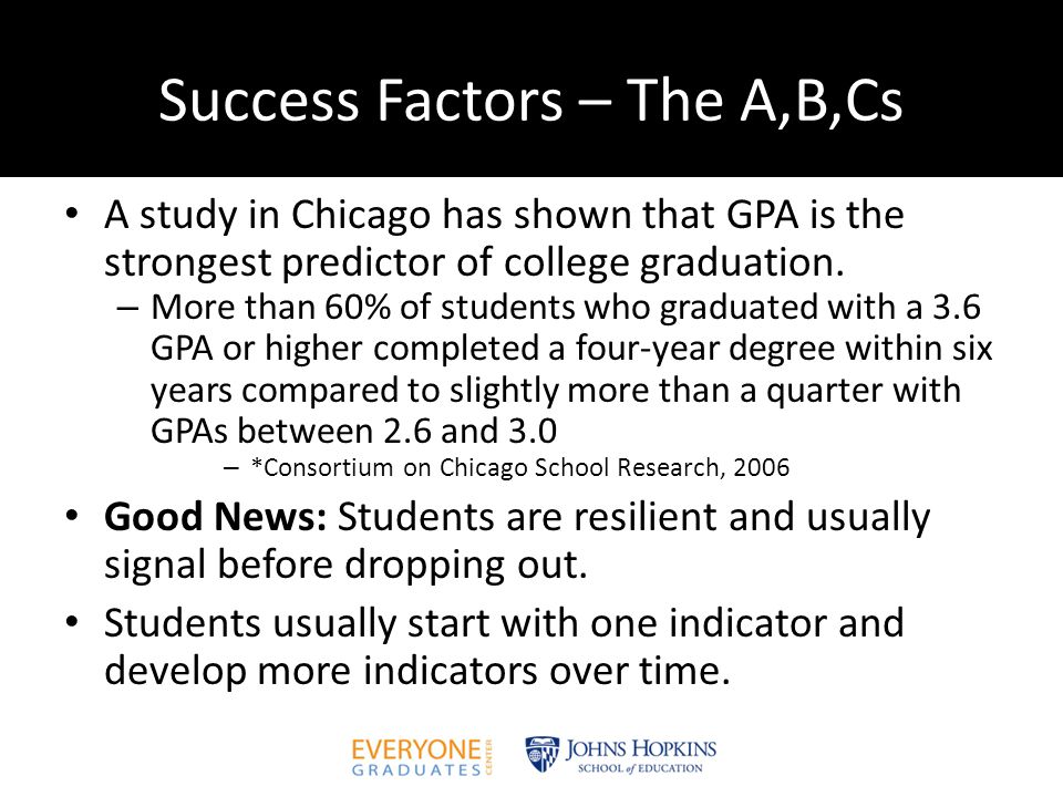 Success Factors – The A,B,Cs A study in Chicago has shown that GPA is the strongest predictor of college graduation.