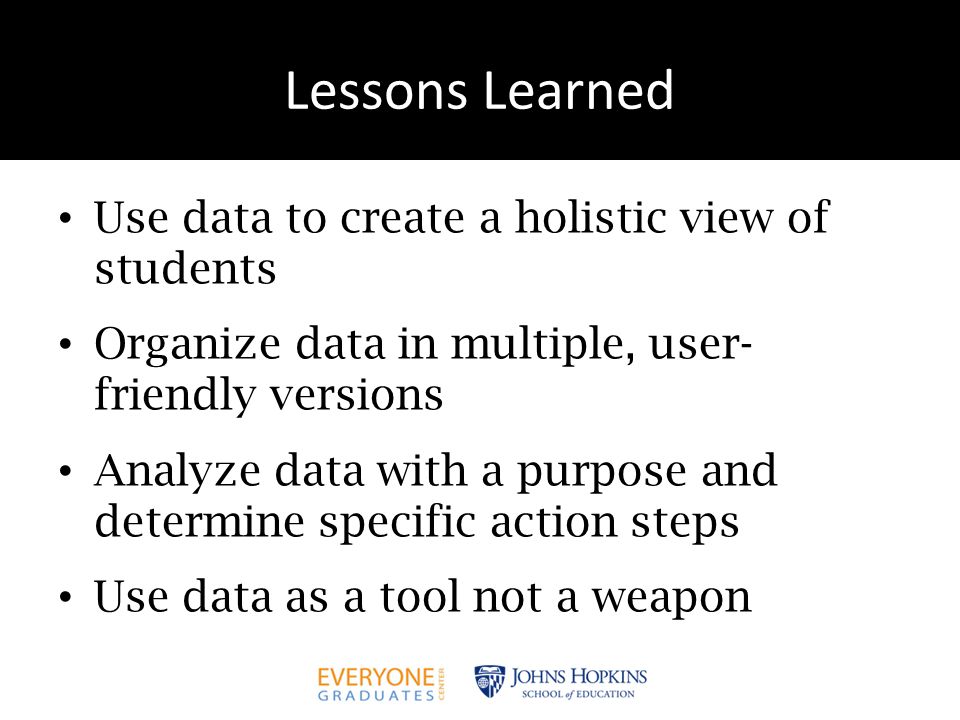 Lessons Learned Use data to create a holistic view of students Organize data in multiple, user- friendly versions Analyze data with a purpose and determine specific action steps Use data as a tool not a weapon